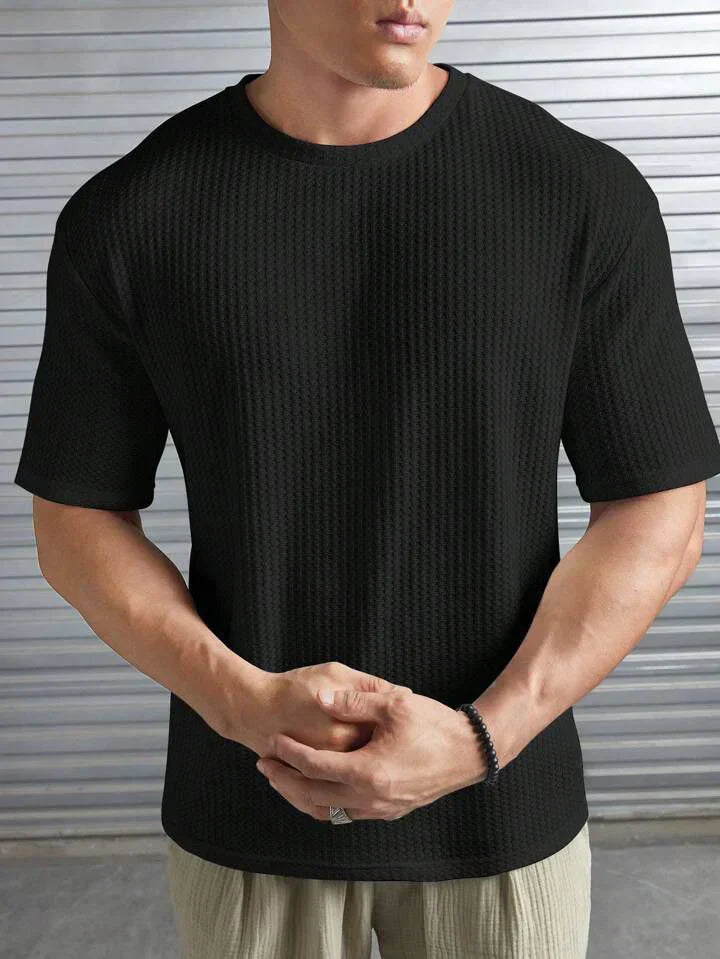 OVERSIZED WAFFLE KNIT TEE FOR MEN - BLACK