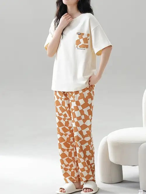 Brown White Blocks Print Soft Cotton PJ Suit