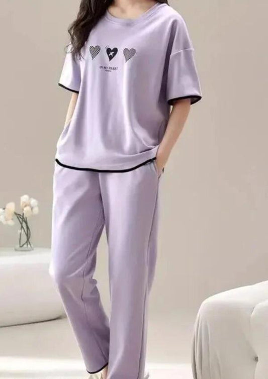 Triple Heart Print Purple Soft Cotton PJ Suit