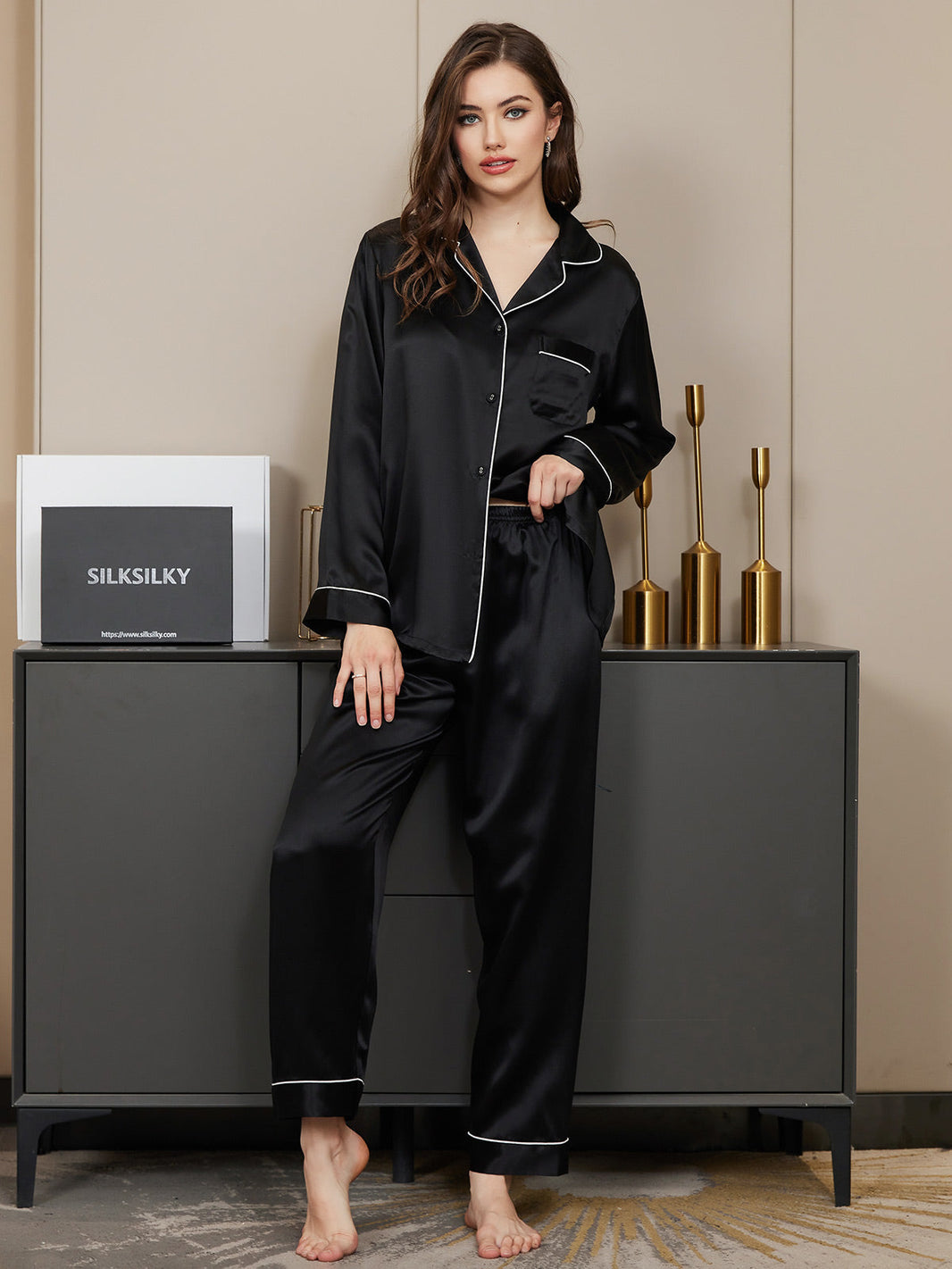 PLAIN SILK NIGHT SUIT - BLACK