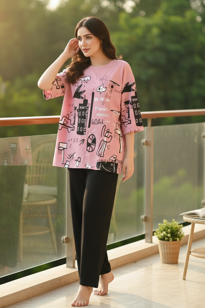 PLANET PRINTED PINK - PJ SUIT FOR WOMEN