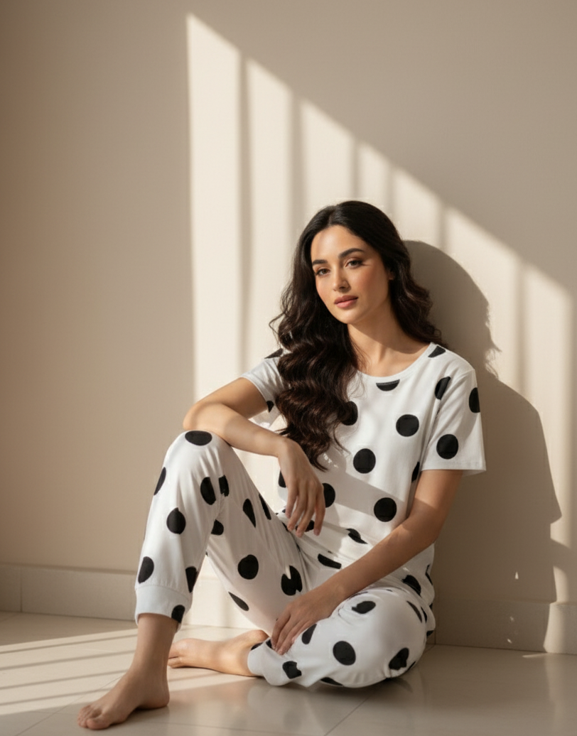 BLACK AND WHITE DOTS HALF SLEEVES PRINTED - PJ SUIT FOR WOMEN