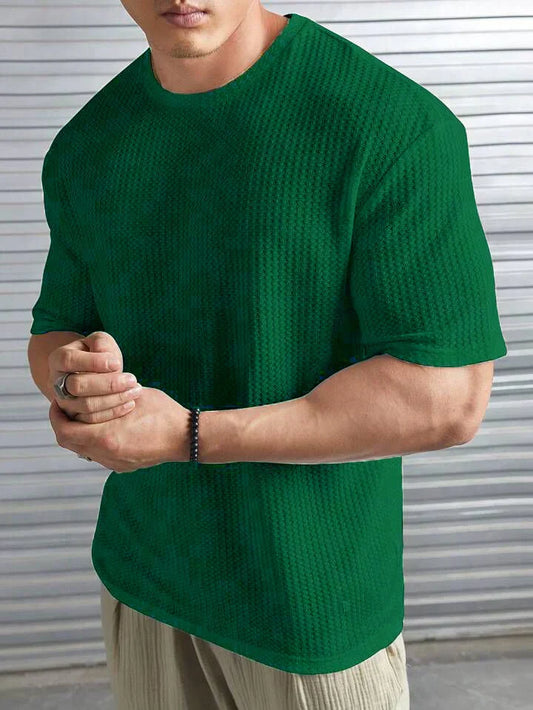 OVERSIZED WAFFLE KNIT TEE FOR MEN - BOTTLE GREEN