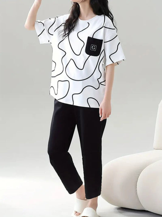 Abstract Print Black & White PJ Set"